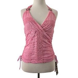 NWT Capri Pink Sequin Mesh Halter Top Y2K Ruched Side Tie Ring Detail Size 2 S